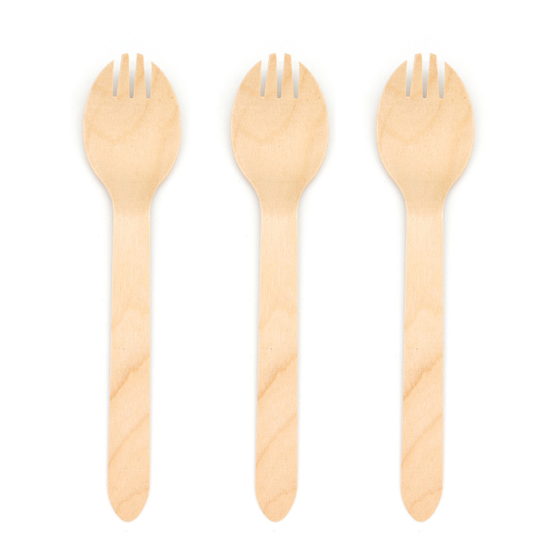 160mm Disposable Compostable Wooden 2 in 1 Fruit Dessert Spoon and Forks