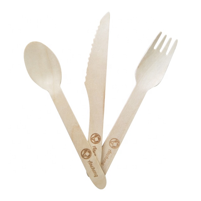 Single Use Eco Friendly Compostable Wooden Cutlery Set with Customized Logo